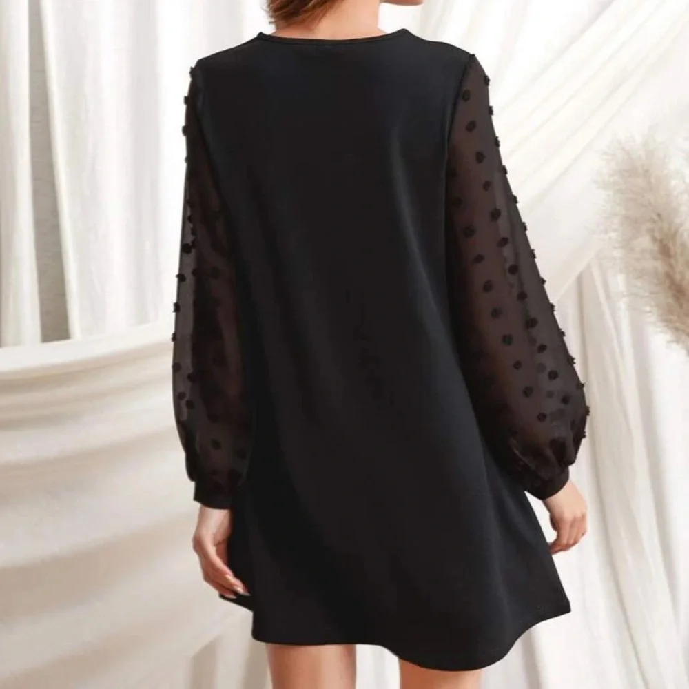 Long sleeve bishop dot puff mini dress sheer black - Picture 3 of 4